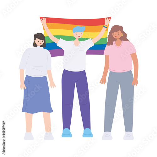 LGBTQ community, people with rainbow flag, gay parade sexual discrimination protest