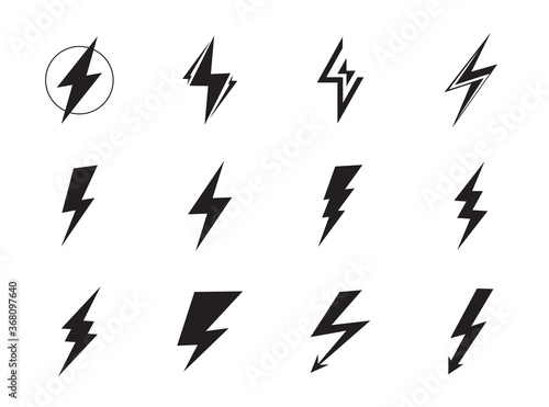 Lightning vector set. Voltage, electricity and power signs or thunder, flash light, power electric thunderbolt isolated on white background. .
