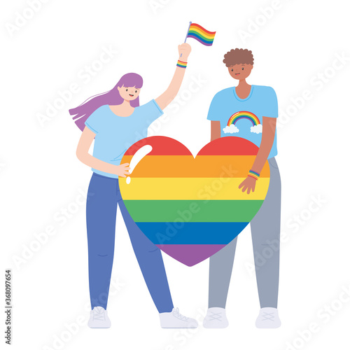 LGBTQ community, characters holding rainbow heart, gay parade sexual discrimination protest