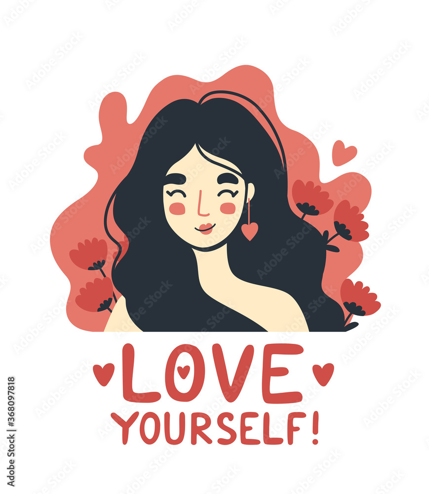 Young woman, surrounded by flowers. Love yourself quote. Portrait of pretty girl. Hand-drawn character, face, head, avatar. Vector isolated illustration for postcard. Young woman, surrounded by flowers. Love yourself quote. Portrait of pretty girl. Hand-drawn character, face, head, avatar. Vector isolated illustration for postcard.