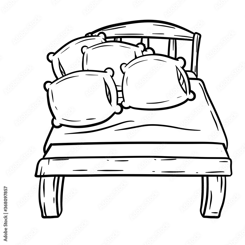 Bed with white pillow. Bedroom and room element. Place to sleep and relax. Furniture and a blanket. Black and white hand-drawn illustration. Cartoon picture. Bed with white pillow. Bedroom and room element. Place to sleep and relax. Furniture and a blanket. Black and white hand-drawn illustration. Cartoon picture.