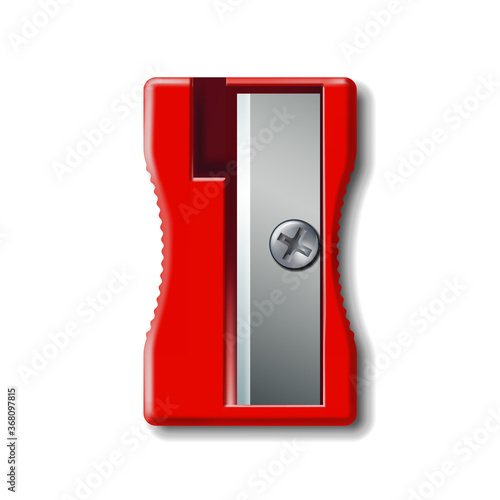 Realistic 3d Red Plastic Pencil Sharpener Isolated on White