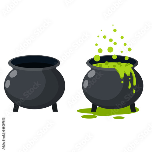 Cauldron and Boiling potion. Black pot, green steam. Set of Element of Halloween. Witch and sorcerer's item. Cartoon flat illustration