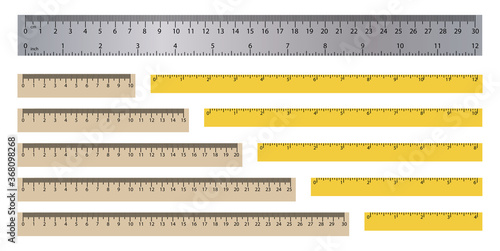 Realistic rulers. Measuring tool. School supplies. Double sided measurement in cm and inches. Vector illustration