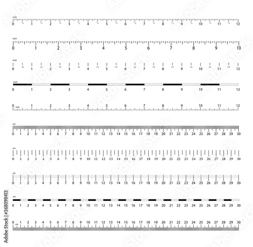Inch and metric rulers. Measurement scale with black marks. Scale for a ruler in inches and centimeters. Vector isolated set.