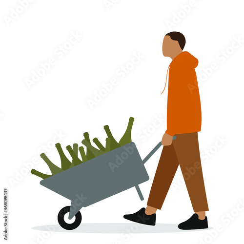Male character carries a wheelbarrow full of bottles