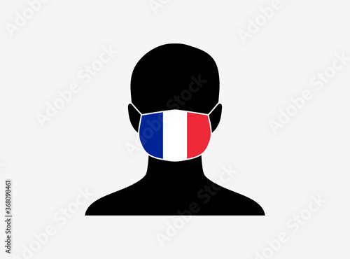 A silhouette of a person wearing a mask with the flag of France on it. Vector illustration.