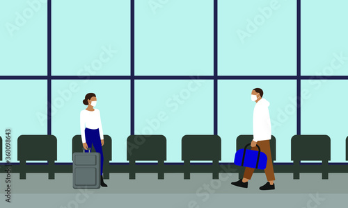 Female character and male character in medical masks in a waiting room with luggage