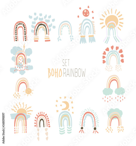 Vector illustration in boho style of different rainbows. Rainbows with a cloud, a rainbow with a sun, a heart. Set of rainbow boho style. Children's illustrations for holidays.