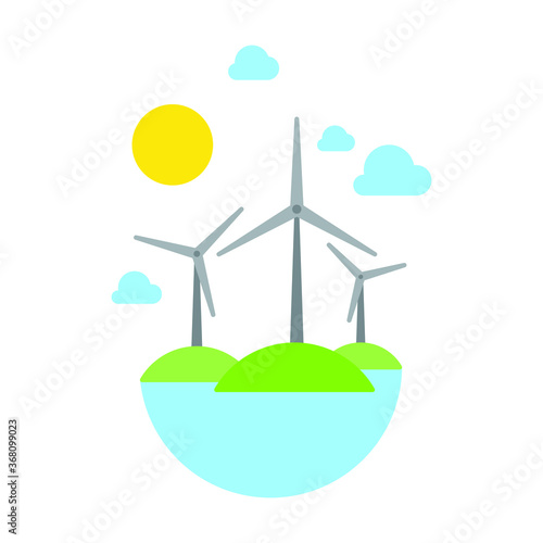 vector art of wind turbines, mountain, lake, sun and clouds 