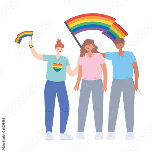 people holding rainbow lgbtq flag in hands, gay parade sexual discrimination protest