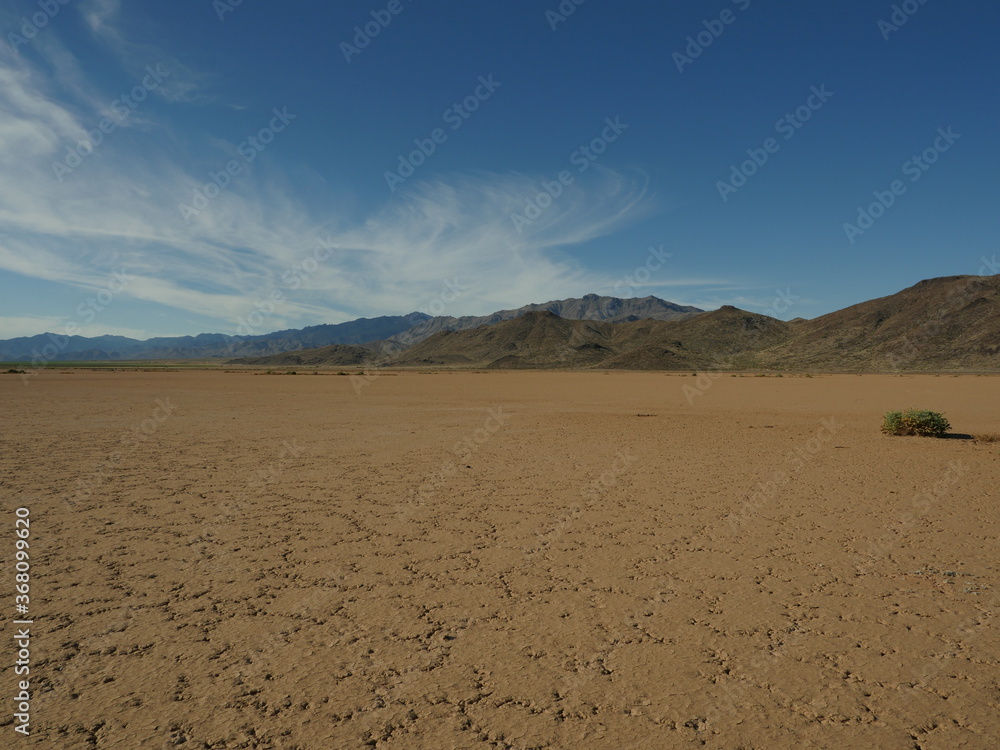 A harsh barren desert with distant mountains