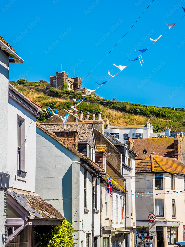 A view from the old town in Hastings, Sussex towards the funicular railway terminus in summer