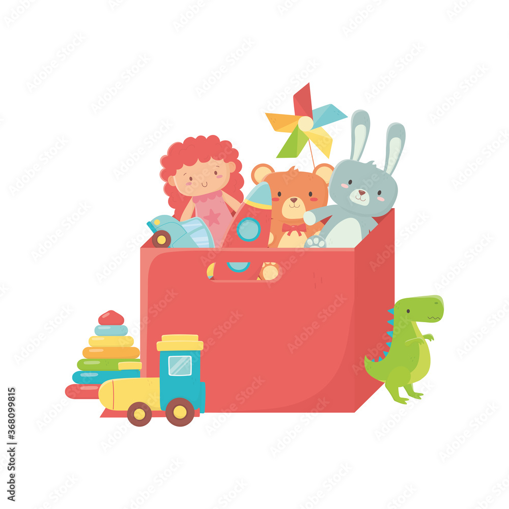 Fototapeta premium kids toys red box with doll rabbit bear car train and dinosaur object amusing cartoon