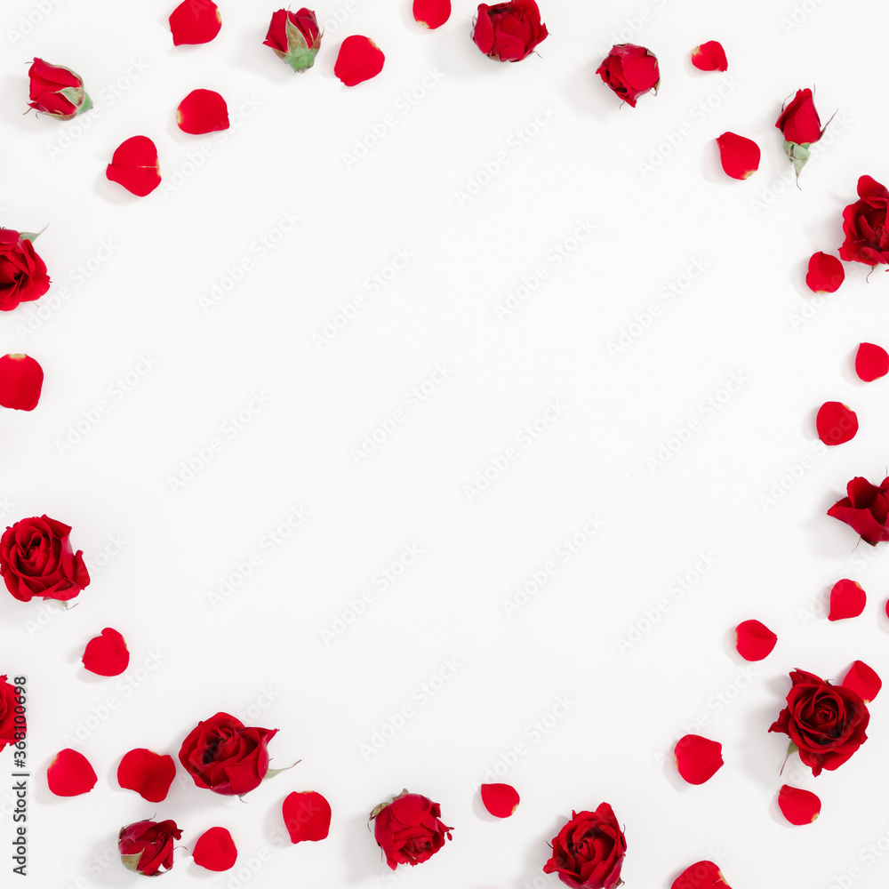 Beautiful flowers minimal composition. Red rose, rose petals on white background. Valentine's Day, Happy Women's Day, 8 March, Flat lay, top view, copy space