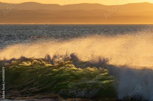 breaking wave at sunrise with spray