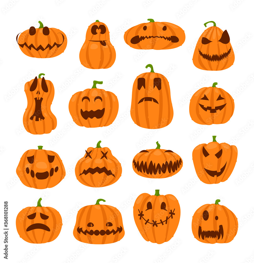 Set of halloween pumpkins faces. The main symbol of the Happy Halloween holiday. Orange pumpkin with smile for your design for the holiday Halloween. Set of halloween pumpkins faces. The main symbol of the Happy Halloween holiday. Orange pumpkin with smile for your design for the holiday Halloween.