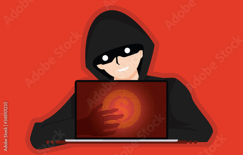 Robbers steal money from e-Banking system. Hacker steals money from bank credit cards or online wallet. Phishing scam, Internet fraud, Cyber attack, Electronic crime concept. Vector illustration