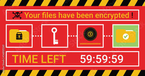 Computer infected by malware ransomware wannacry virus. Cyber attack concept. Hacker encrypted computer folders, files and threatening Bitcoin money payment to unlock. Vector illustration