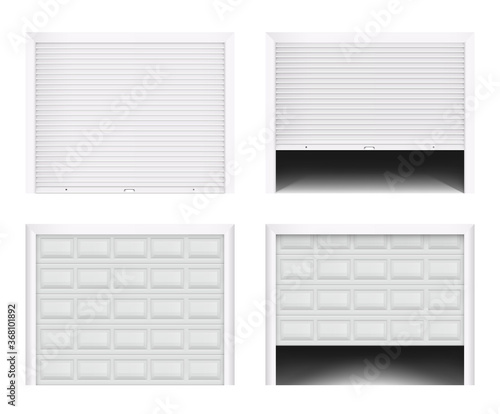 Roller garage gate. Secure roller shutters protect system, contemporary gate vector set. Realistic composition with opening door.