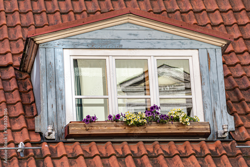 Skylight on a tiled roof of a traditional European house. There are beautiful flowers on the windowsill.