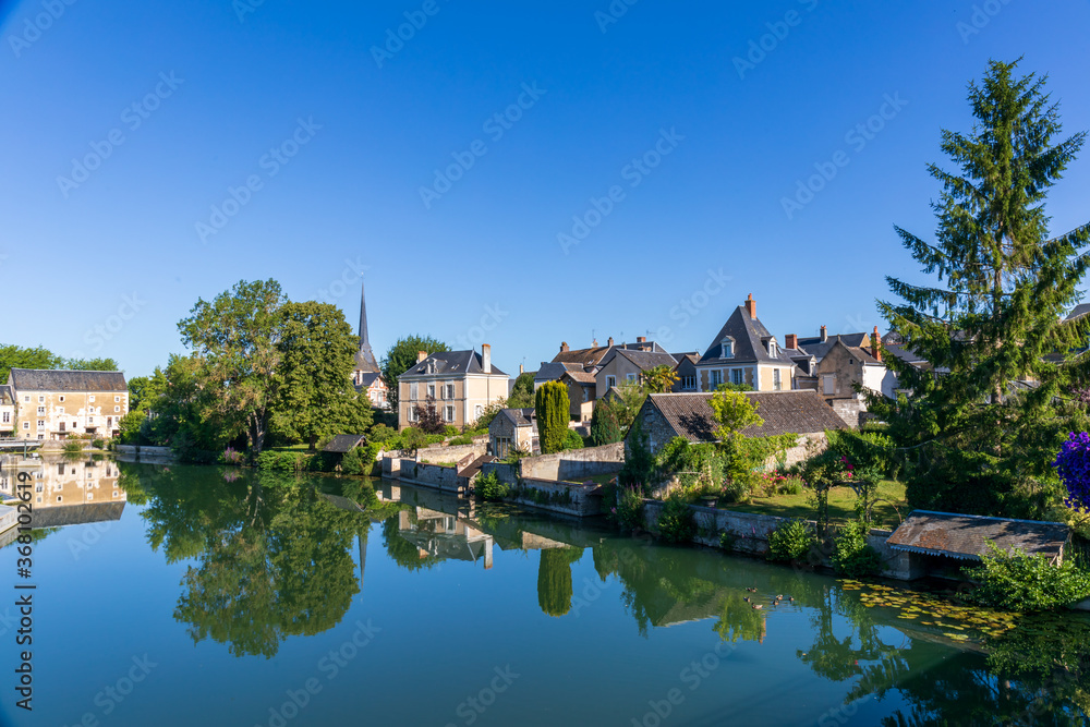 Vaas village over Loir river - Sarthe, France