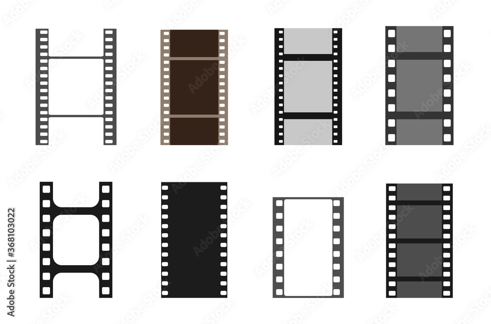 Set of film vector stripes. Cinema monochrome border celluloid tape, media empty image photo video vintage frame. Set of film vector stripes. Cinema monochrome border celluloid tape, media empty image photo video vintage frame.