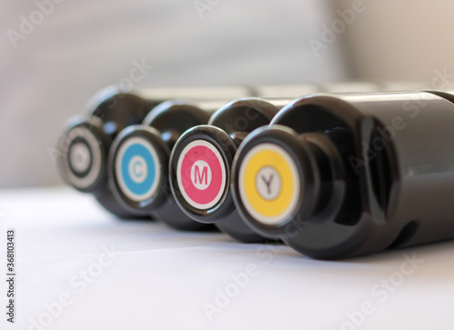 Toner cartridge set for color laser printer. Equipment for printingon white background