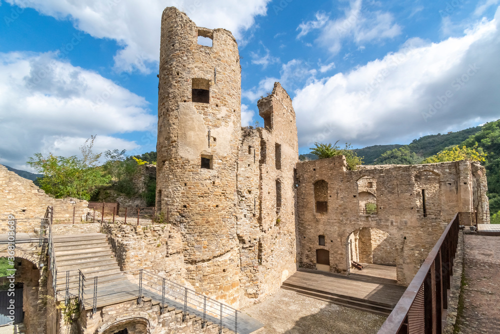 The ancient runs of the Castello fortress, a castle in the hills of Liguria above the town of Dolceacqua, Italy.