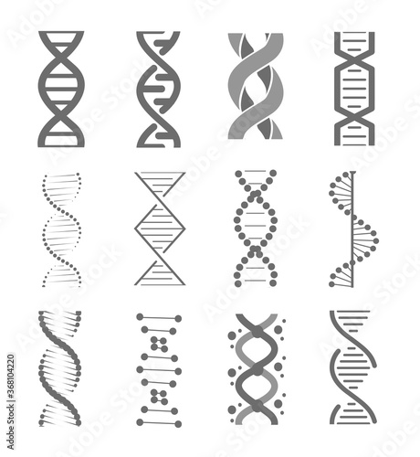 Human dna research technology symbols. Adn helix structure, genomic model and human genetics code. Vector isolated illustration set