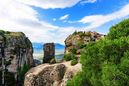 View of the stunning rock formations of Meteora and Holy Monastery of the Transfiguration (Metamorphosis) of Christ (Great-Meteoron)
