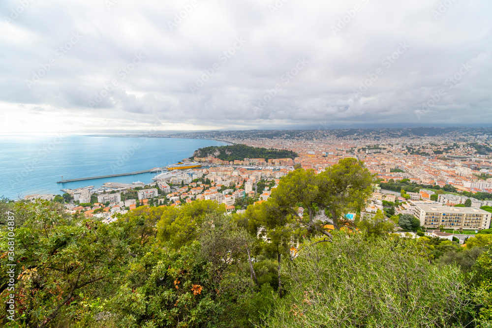 View from the Mont Boron lookout over the old city, Mediterranean Sea, port and Castle Hill on the Riviera coast of Southern France