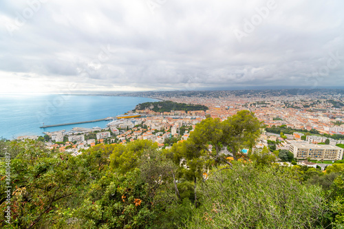 View from the Mont Boron lookout over the old city, Mediterranean Sea, port and Castle Hill on the Riviera coast of Southern France