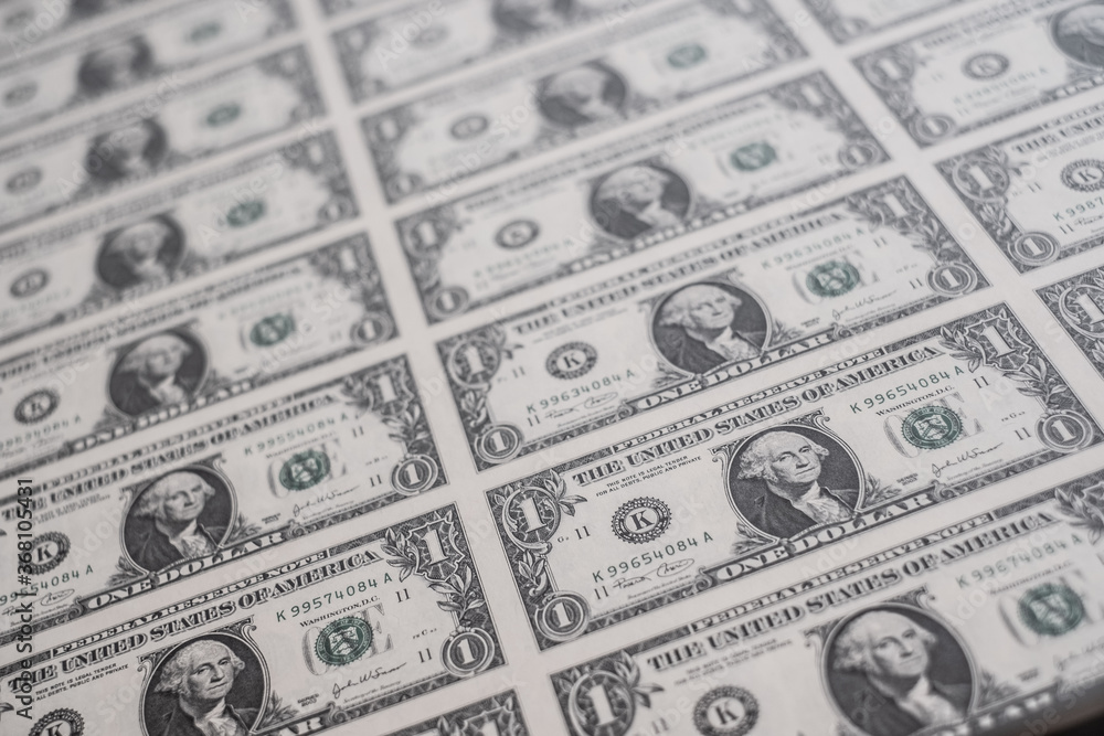 Uncut one dollar sheets from printer. Printing American dollars. Money print. Uncut one dollar sheets from printer. Printing American dollars. Money print.