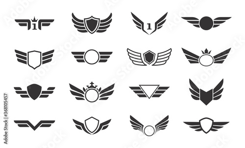 Wings vector collection. Winged emblems, frames, icons, angel and phoenix wings. Vector symbolic black wings isolated on white.
