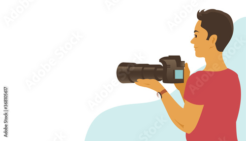 A young man takes pictures with a camera. Long telephoto lens. Vector illustration banner with place for text.