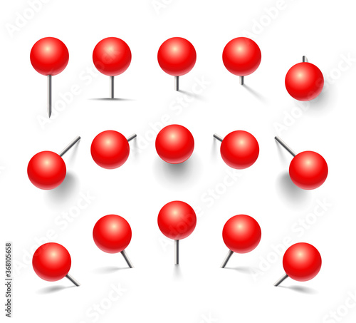Set of red push pins. Pins pierced at different heights and different views. Vector illustration isolated on white background.