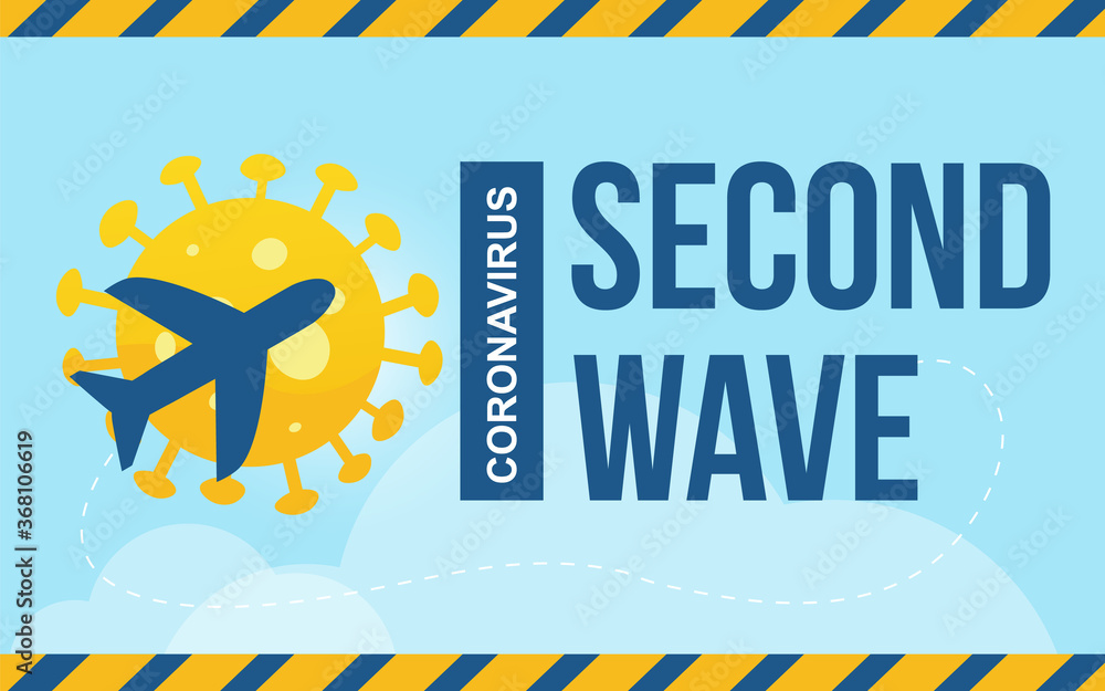 Coronavirus Second wave. Summer travel during covid-19. Creative concept of the sun in the form of a coronavirus with a flying plane. Banner for articles, business, and advertising. Coronavirus Second wave. Summer travel during covid-19. Creative concept of the sun in the form of a coronavirus with a flying plane. Banner for articles, business, and advertising.