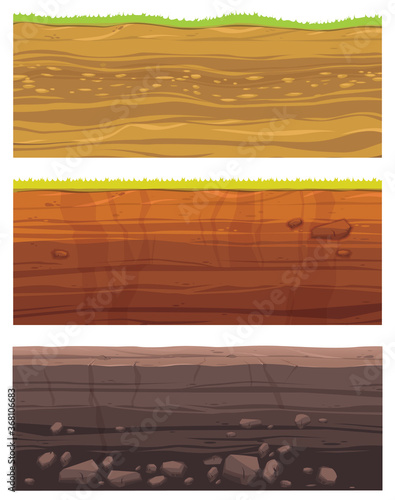 Set of grounds layers. Illustration of cross section of ground with layered dirt clay, ground layer with stones and grass on dirts cliff texture. Archeology landscape cartoon vector.