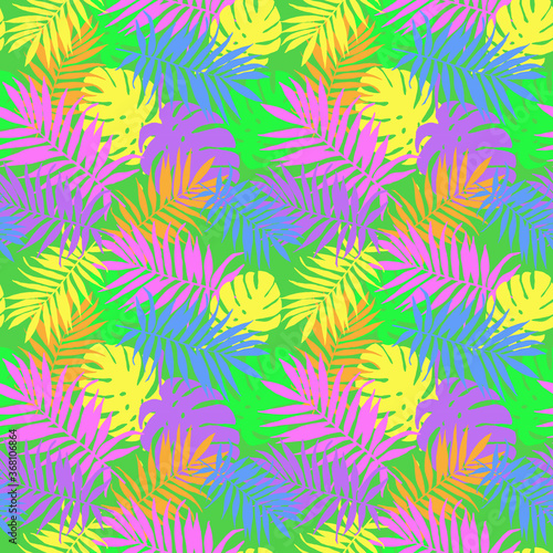 Colored palm and monstera leaves seamless pattern. © Volha