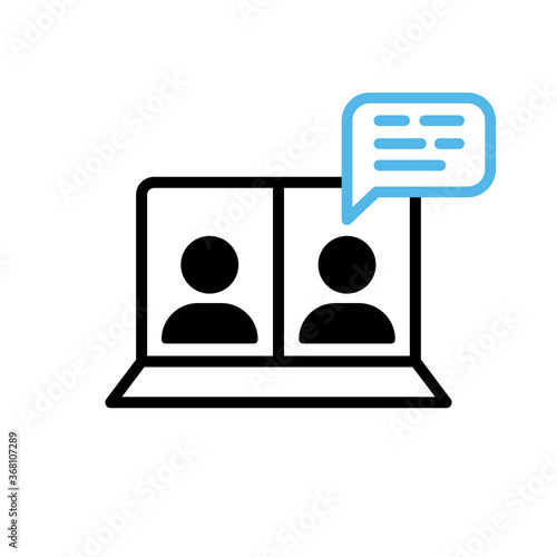 Video conference icon. Person on computer screen. Home office. Digital communication. Internet teaching media.