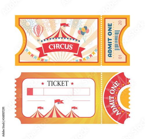 Tickets to Circus or Amusement park printed coupons with flat fairground attraction images. Tickets with red ribbons circus tent and balloons.
