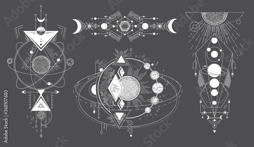 Tattoos of space subjects with star systems. Vector set of geometric abstract magical tattoo on black background. Illuminati or masonic tatoo, esoteric paranormal occult vector illustration.