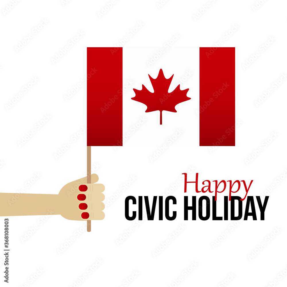 Canada Civic Day Holiday vector card, illustration  with person holding canadian flag in hand. - obrazy, fototapety, plakaty 