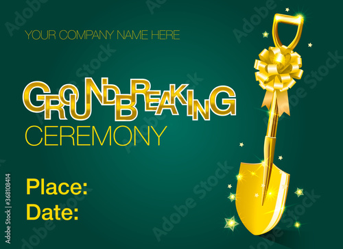 Groundbreaking ceremony banner with golden shovel decorated with ribbon bow vector illustration