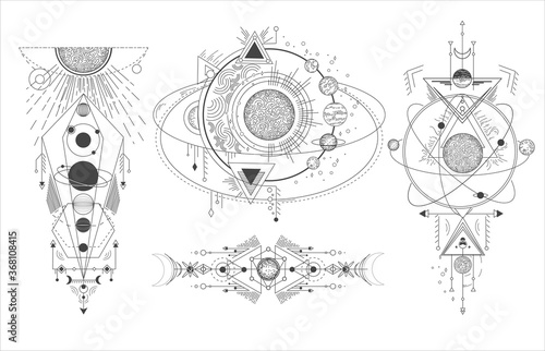 Vector set of sacred geometric symbols with moon, planet and arrows isolated on white background.