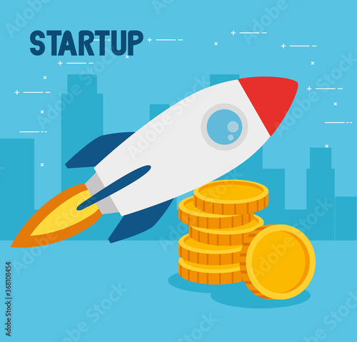 business start up concept, banner, business object startup process, rocket with pile coins vector illustration design