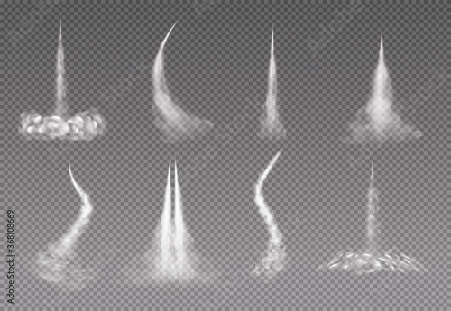 Smoke trail. Airplane condensation trails isolated on transparent background. White foggy aviation smoke clouds set. Rocket start trail smoky.