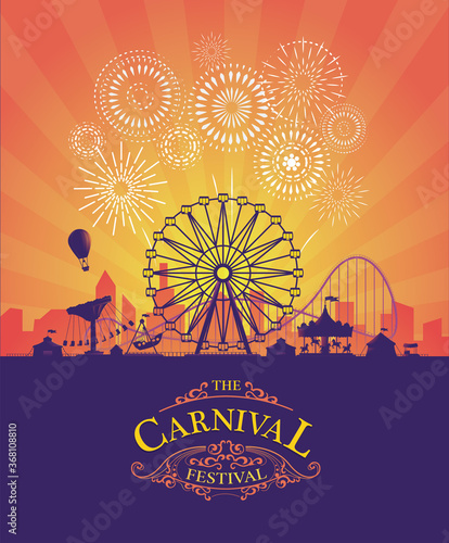 Vector background of amusement park. Poster design invitation of the carnival funfair and amusement with sunset. Ferris wheel, roller coaster and carousel festive parks attractions.