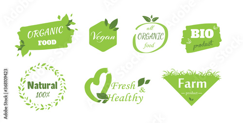Organic food labels. Fresh eco vegetarian products set of Organic label and natural label green color design. Tag and sticker farm fresh logo. Vector isolated symbols set.